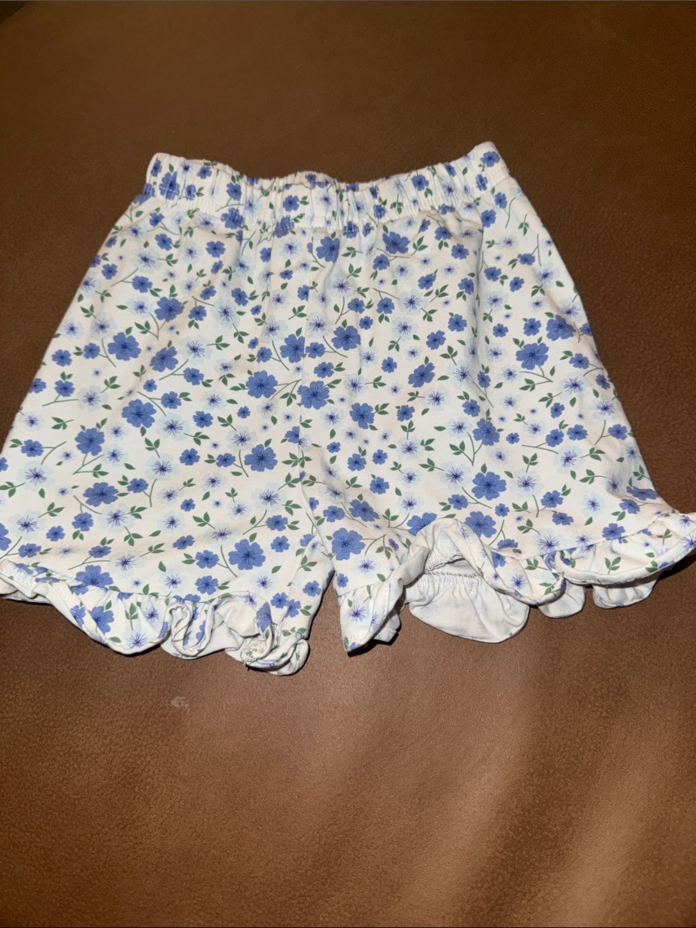 Girls White Shorts with Blue Floral Print and Ruffle Hem